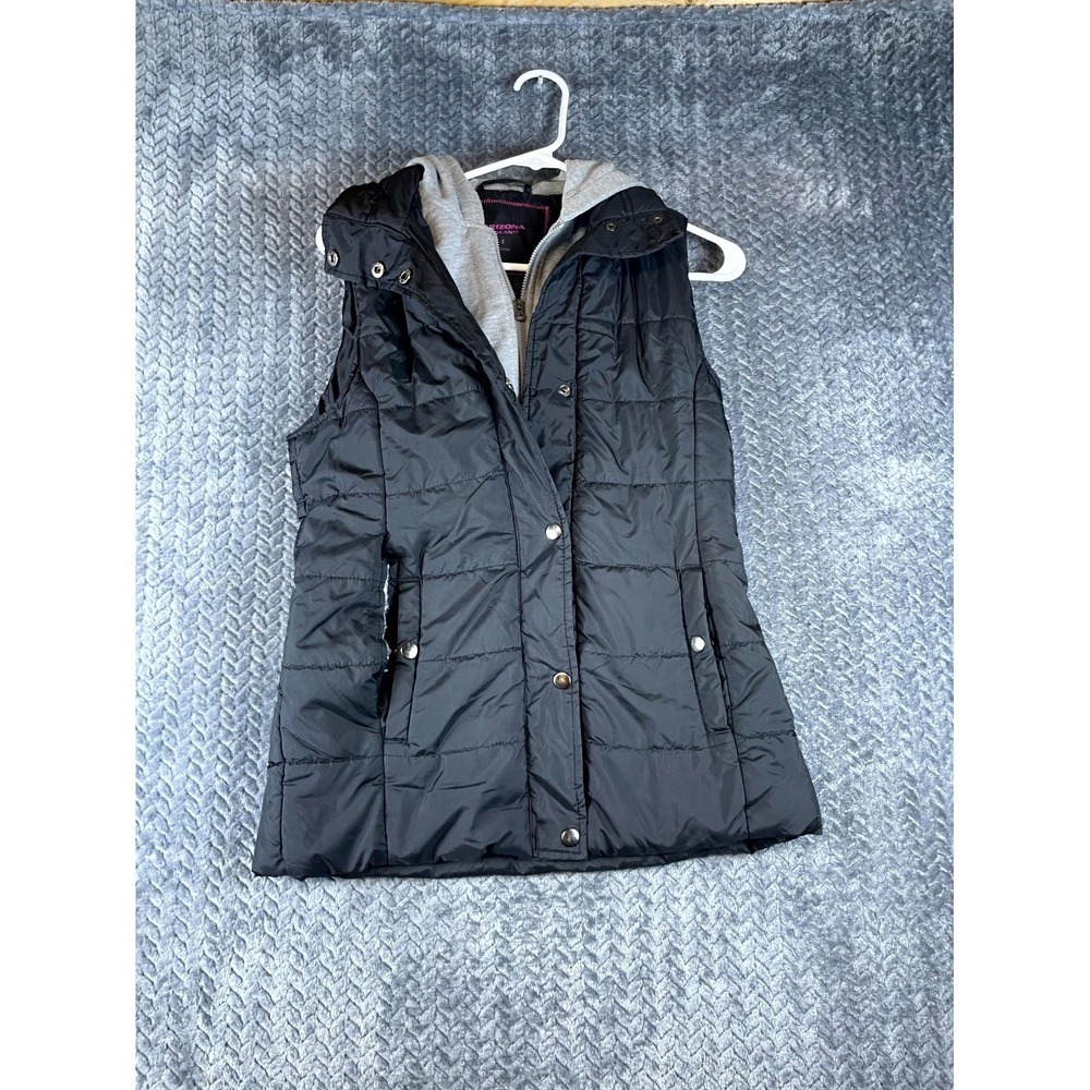 Arizona Jeans Co Puffer Vest Womens Small Black Gray Lined Hooded Full Zip